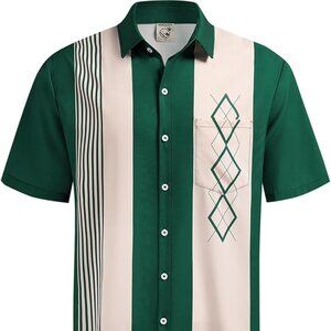 Men's Vintage Bowling Shirt Short Sleeve Button Down Khaki Green